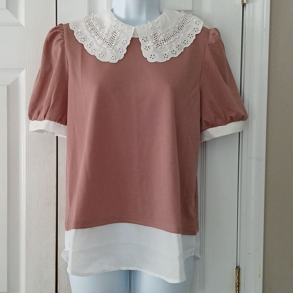 Lipslide brown white eyelet pearl collar  blouse casual preppy Sz M NWT